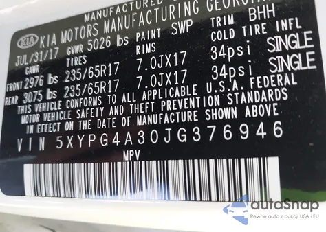 2018 Kia Sorento 2.4L Lx из США, поврежденный, VIN 5XYPG4A30JG376946